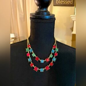 Gold Double Strand Necklace with Red, Blue, and Green Stones